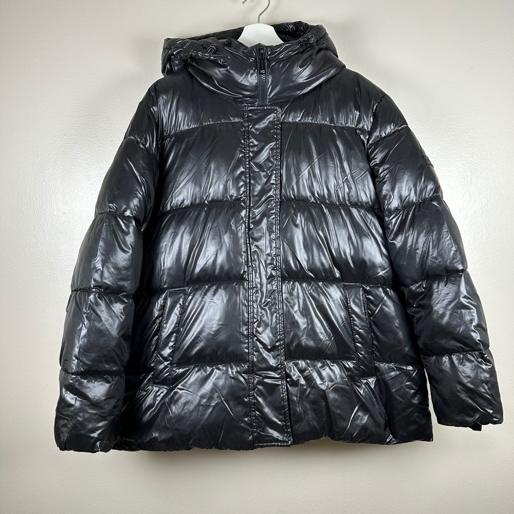 Vince Camuto Womens XL Puffer Jacket Black Shiny Hooded Sofeelate Streetwear Y2K